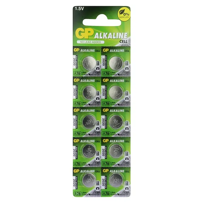 GP Knopfzelle Batterien LR44, Alkaline - 1,5 V, 10 Stk. - Batteriepackung GP Alkaline Cell A76, enthält zehn 1,5V Knopfzellen, quecksilberfrei und ohne Bleizusatz, ideal für kleine Geräte.