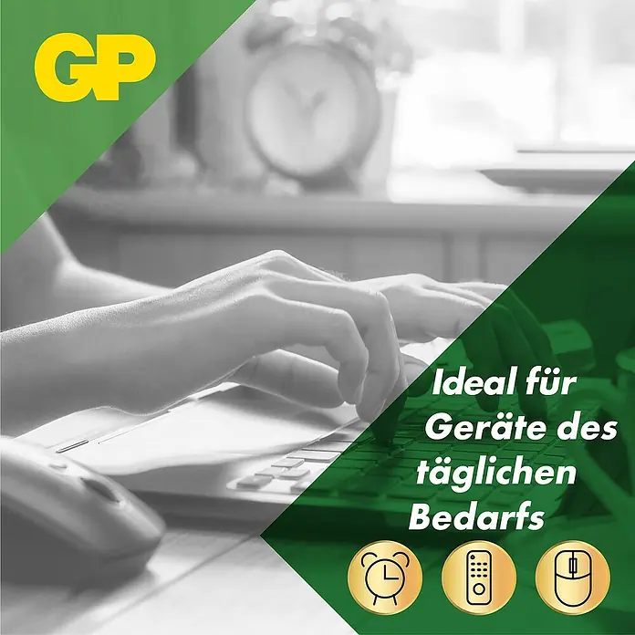 GP Super Batterie AAA Micro/LR03, Alkaline - 1,5 V, 40 Stk. - Bild einer Person, die einen Laptop benutzt, mit dem Text „Ideal für Geräte des täglichen Bedarfs“.
