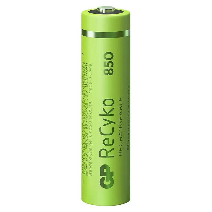 GP ReCyko Akku AAA Micro/HR03, 850 mAh, NiMH, Ready-to-use 8Stk - 850 mAh - Eine grüne GP ReCyko 850 wiederaufladbare AAA-Batterie mit 1,2 V und 850 mAh, ideal für Geräte mit geringem Stromverbrauch.