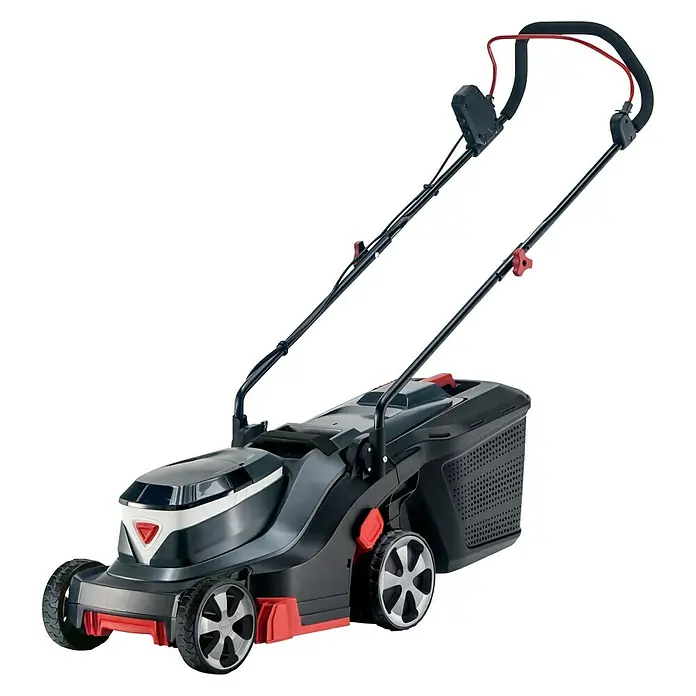AL-KO Bosch Home & Garden Compatible Akku-Rasenmäher 3.22 Li Easy - 18 V, 2 Akkus, 2,5 Ah, Schnittbreite: 32 cm - Bild einer schwarzen und roten Rasenmähers. Ein hochwertiger Rasenmäher mit ausgezeichneter Schnittleistung und leicht zu bedienen.
