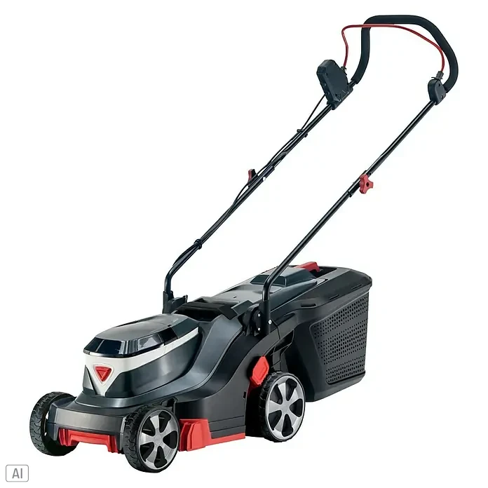 AL-KO Bosch Home & Garden Compatible Akku-Rasenmäher 3.22 Li Easy - 18 V, 2 Akkus, 2,5 Ah, Schnittbreite: 32 cm - Bild einer schwarzen und roten Rasenmähers. Ein hochwertiger Rasenmäher mit ausgezeichneter Schnittleistung und leicht zu bedienen.