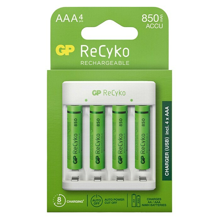 GP ReCyko Akkuladegerät AA/AAA4-Slot NiMH Batterieladegerät inklusive 4 Akkus AAA/Micro 850mAh Front View