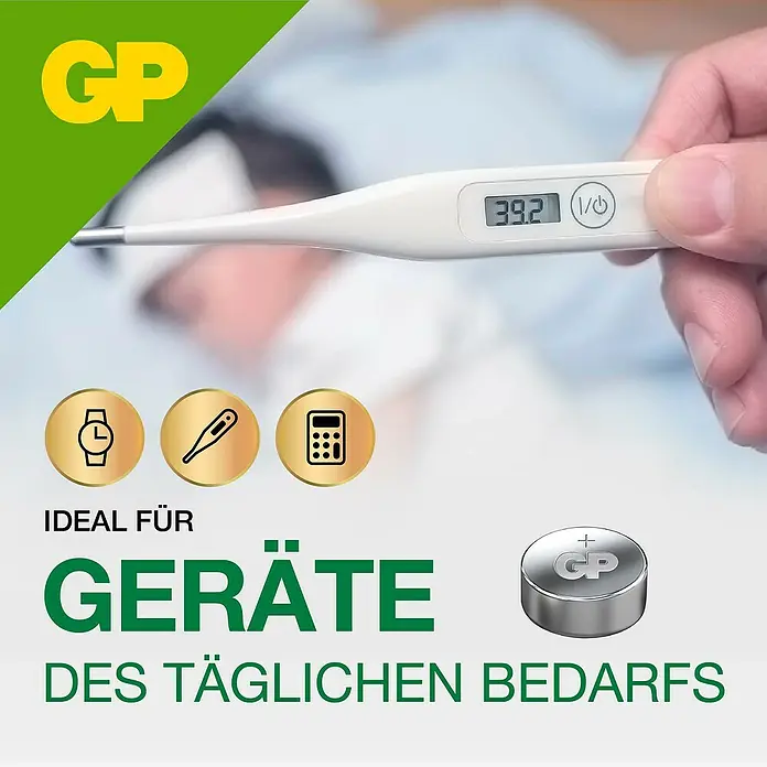 GP Knopfzelle Batterien LR44, Alkaline - 1,5 V, 10 Stk. - Abbildung einer GP-Knopfzelle, die für Geräte des täglichen Bedarfs geeignet ist, wie z.B. Uhren, Thermometer und Taschenrechner.