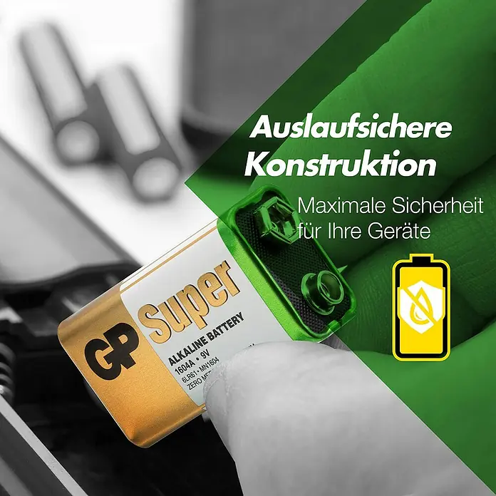 GP Super Batterie 9V Blockbatterien, Alkaline - 9 V, 8 Stk. - Nahaufnahme einer GP Super Alkaline Batterie, die für ihre auslaufsichere Konstruktion und maximale Gerätesicherheit beworben wird.
