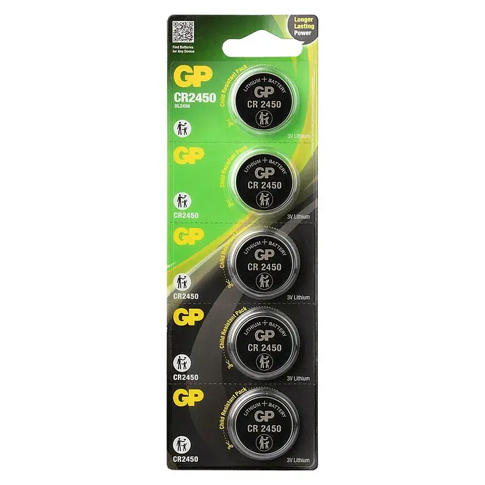 GP Lithium Batterie Knopfzellen CR2450 3V - 5 Stk. - Eine Packung GP CR2450 Lithium-Knopfzellen, die langanhaltende Energie für kleine elektronische Geräte bietet.