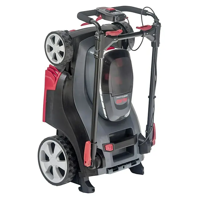 AL-KO Bosch Home & Garden Compatible Akku-Rasenmäher 382 Li Premium - 18 V, 2 Akkus, 5 Ah, Schnittbreite: 38 cm - Zusammengeklappter AL-KO Akku-Rasenmäher mit rotem und schwarzem Gehäuse, ideal für platzsparende Lagerung und einfachen Transport.