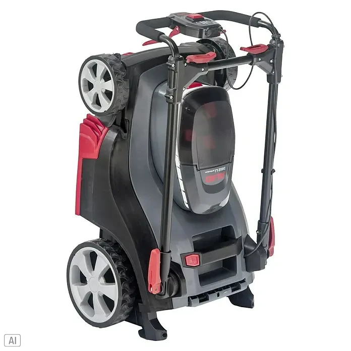 AL-KO Bosch Home & Garden Compatible Akku-Rasenmäher 382 Li Premium - 18 V, 2 Akkus, 5 Ah, Schnittbreite: 38 cm - Zusammengeklappter AL-KO Akku-Rasenmäher mit rotem und schwarzem Gehäuse, ideal für platzsparende Lagerung und einfachen Transport.