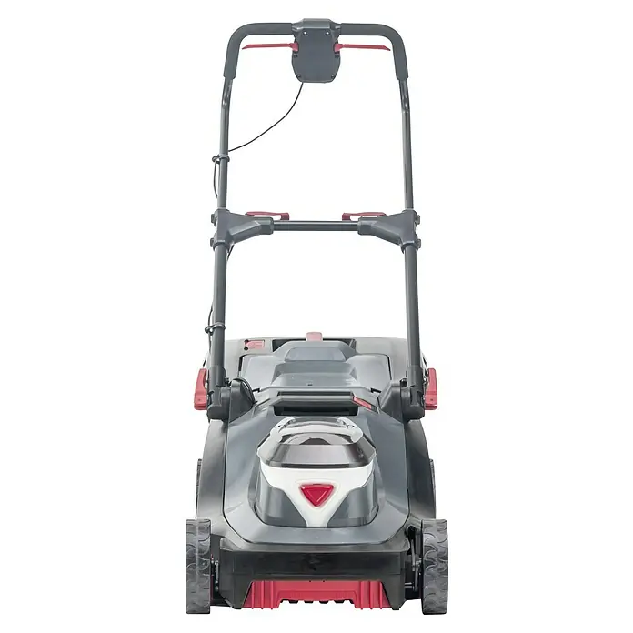 AL-KO Bosch Home & Garden Compatible Akku-Rasenmäher 382 Li Premium - 18 V, 2 Akkus, 5 Ah, Schnittbreite: 38 cm - Frontansicht eines Rasenmähers. Der Rasenmäher ist grau mit roten Akzenten und hat einen schwarzen Griff.