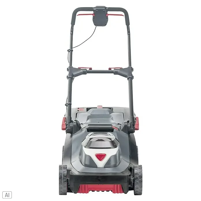 AL-KO Bosch Home & Garden Compatible Akku-Rasenmäher 382 Li Premium - 18 V, 2 Akkus, 5 Ah, Schnittbreite: 38 cm - Frontansicht eines Rasenmähers. Der Rasenmäher ist grau mit roten Akzenten und hat einen schwarzen Griff.