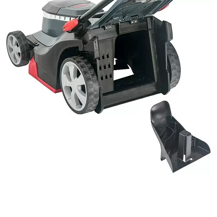 AL-KO Bosch Home & Garden Compatible Akku-Rasenmäher 382 Li Premium - 18 V, 2 Akkus, 5 Ah, Schnittbreite: 38 cm - Grauer und roter Rasenmäher mit geöffnetem Grasfangauswurf und abgenommenem schwarzem Mulchkeil.