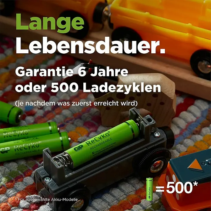 GP ReCyko Akku AA Mignon/HR6, 2100 mAh, NiMH, Ready-to-use 8Stk - 2.100 mAh - Produktbild von GP ReCyko Akkus mit dem Slogan "Lange Lebensdauer. Garantie 6 Jahre oder 500 Ladezyklen".
