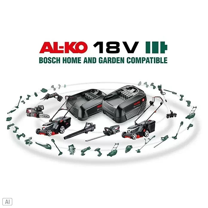 AL-KO Bosch Home & Garden Compatible Akku-Kettensäge CS 1825 Set - 18 V, 2,5 Ah, Li-Ionen, 1 Akku, Schwertlänge: 25 cm - AL-KO 18V Gartengeräte und Akkus, darunter Rasenmäher, Kettensäge, Heckenschere, Bosch Home and Garden kompatibel.