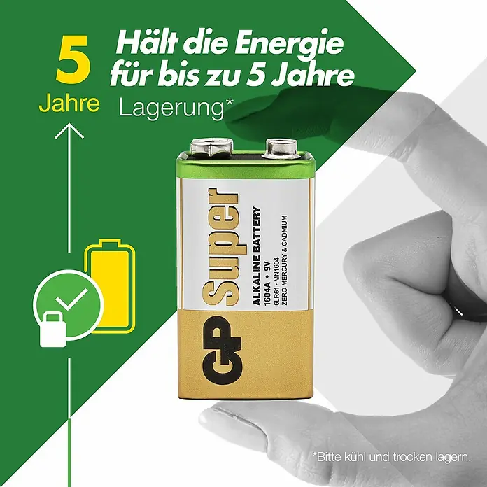 GP Super Batterie 9V Blockbatterien, Alkaline - 9 V, 8 Stk. - Nahaufnahme einer GP Super 9V Alkaline Batterie, die bis zu 5 Jahre Energie speichert, ideal für den langfristigen Gebrauch.