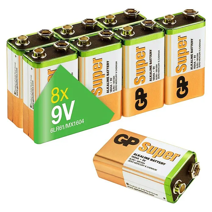 GP Super Batterie 9V Blockbatterien, Alkaline - 9 V, 8 Stk. - Ein Foto von GP Super 9V Alkaline Batterien im 8er-Pack, ideal für Geräte mit hohem Stromverbrauch. Zuverlässige Energiequelle.