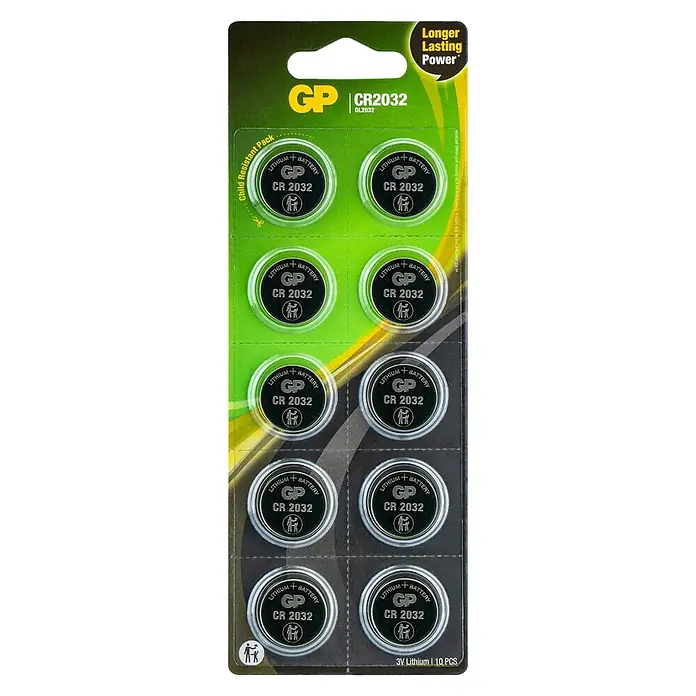 GP Lithium Batterie Knopfzellen CR2032 3V - 10 Stk. - Eine Packung GP CR2032 Lithium Knopfzellen Batterien, die für langanhaltende Leistung in verschiedenen Geräten sorgen, inklusive Kindersicherung.