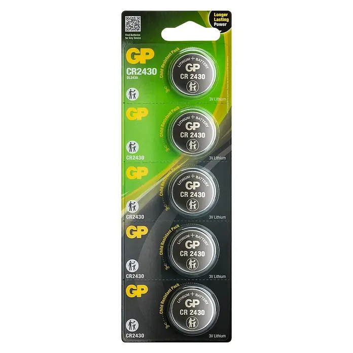 GP Lithium Batterie Knopfzellen CR2430 3V - 5 Stk. - Eine Blisterpackung mit fünf GP CR2430 3V Lithium Knopfzellenbatterien, geeignet für diverse Geräte und mit Kindersicherung.