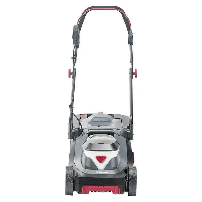 AL-KO Bosch Home & Garden Compatible Akku-Rasenmäher 3.22 Li Easy - 18 V, 2 Akkus, 2,5 Ah, Schnittbreite: 32 cm - Nahaufnahme eines Rasenmähers. Der Rasenmäher hat rote Akzente und einen schwarzen Griff.