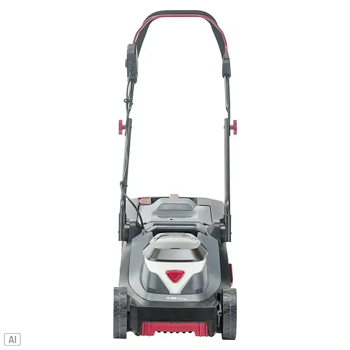AL-KO Bosch Home & Garden Compatible Akku-Rasenmäher 3.22 Li Easy - 18 V, 2 Akkus, 2,5 Ah, Schnittbreite: 32 cm - Nahaufnahme eines Rasenmähers. Der Rasenmäher hat rote Akzente und einen schwarzen Griff.