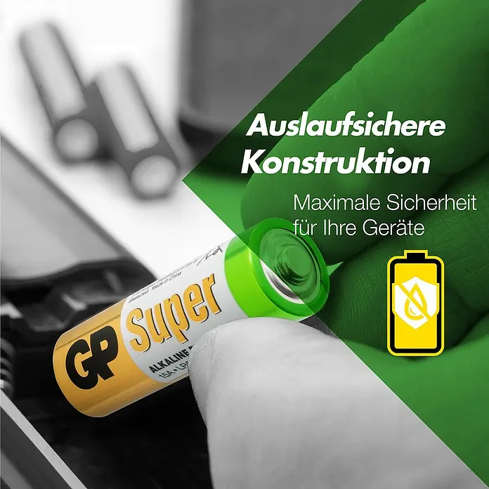 GP Super Batterie AA Mignon/LR6, Alkaline - 1,5 V, 40 Stk. - Nahaufnahme einer GP Super Alkaline Batterie, die für auslaufsichere Konstruktion und maximale Gerätesicherheit wirbt.