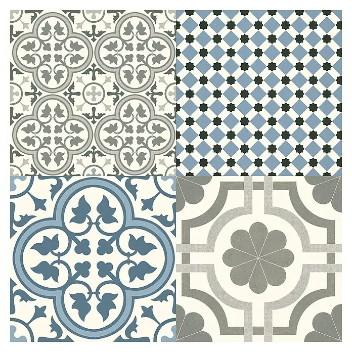 Pavimento porcelánico hidráulico Windsor - 45 x 45 cm, Azul/Gris/Crema, Mate - Imagen de cuatro diseños de baldosas cerámicas diferentes dispuestas en un cuadrado. Ideal para el diseño de suelos y paredes.