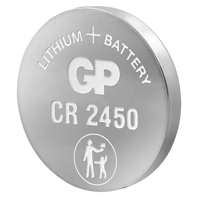 GP Lithium Batterie Knopfzellen CR2450 3V - 5 Stk. - Knopfzellenbatterie GP CR2450, Lithium-Batterie für diverse Geräte. Warnsymbol, um Kinder vor dem Verschlucken zu schützen.