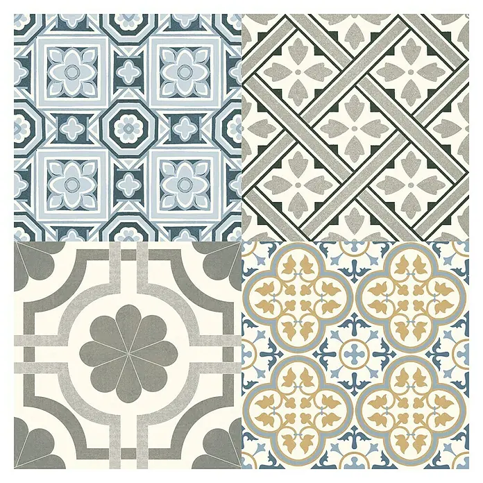 Pavimento porcelánico hidráulico Windsor - 45 x 45 cm, Azul/Gris/Crema, Mate - Patrón de azulejos diverso con diseños florales y geométricos en tonos azules, grises y beige para un diseño elegante de paredes y suelos.