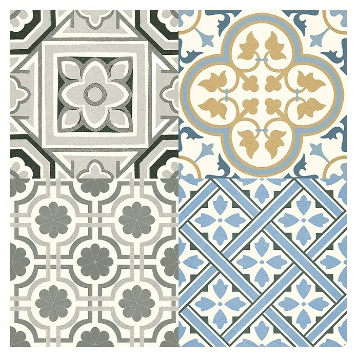 Pavimento porcelánico hidráulico Windsor - 45 x 45 cm, Azul/Gris/Crema, Mate - Patrón de azulejos decorativos con diseños florales y geométricos en tonos de gris, dorado y azul para interiores elegantes.