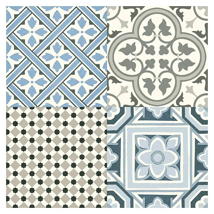 Pavimento porcelánico hidráulico Windsor - 45 x 45 cm, Azul/Gris/Crema, Mate - Imagen de cuatro azulejos vintage decorativos con estampados florales y geométricos en tonos azules, grises y negros, que presentan un elemento de diseño elegante y con estilo.