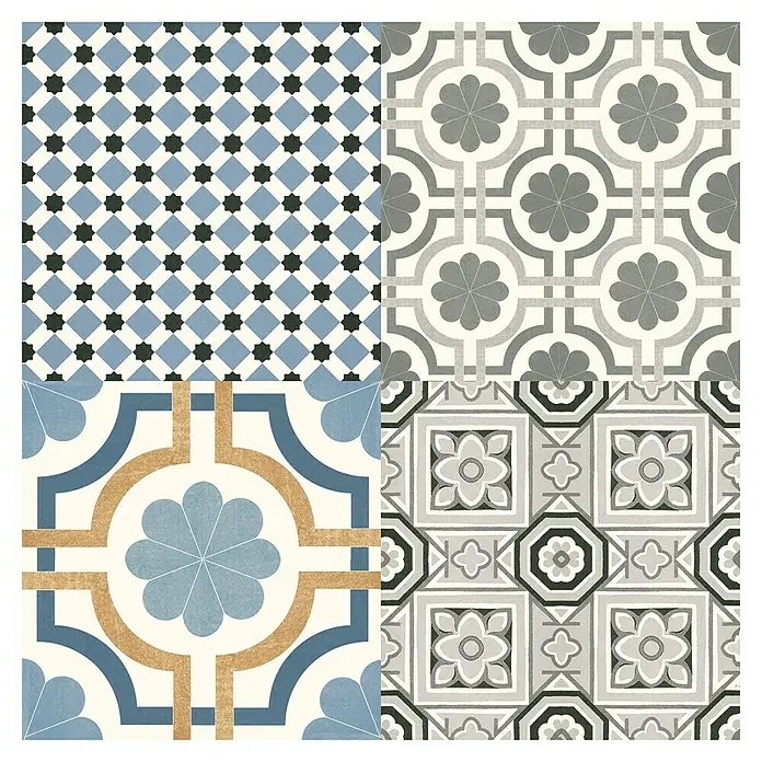 Pavimento porcelánico hidráulico Windsor - 45 x 45 cm, Azul/Gris/Crema, Mate - Colección de azulejos cuadrados con estampados florales y geométricos en azules, grises y oro para un diseño interior elegante.