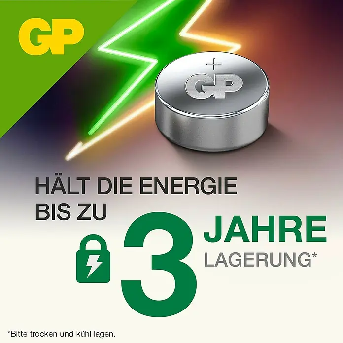 GP Knopfzelle Batterien LR44, Alkaline - 1,5 V, 10 Stk. - Abbildung einer GP Knopfzelle mit dem Hinweis, dass die Energie bis zu 3 Jahre Lagerung hält.