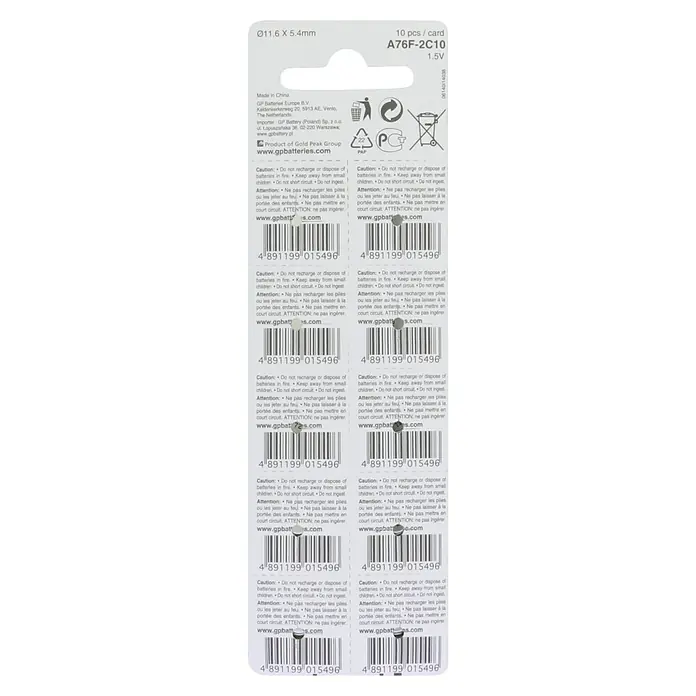GP Knopfzelle Batterien LR44, Alkaline - 1,5 V, 10 Stk. - Bild einer Packung GP A76F-2C10 Knopfzellenbatterien mit Warnhinweisen und Barcode.