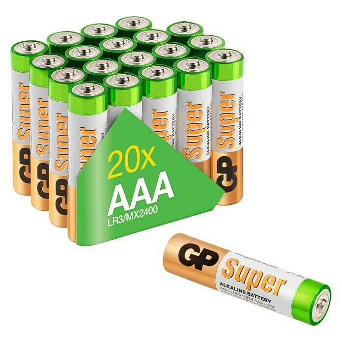 GP Super Batterie AAA Micro/LR03, Alkaline1,5 V, 20 Stk. Diagonal View