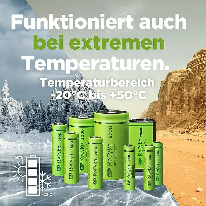 GP ReCyko Akku AA Mignon/HR6, 2100 mAh, NiMH, Ready-to-use 8Stk - 2.100 mAh - Produktbild der GP ReCyko Akkus, die auch bei extremen Temperaturen von -20°C bis +50°C funktionieren, ideal für alle Geräte.