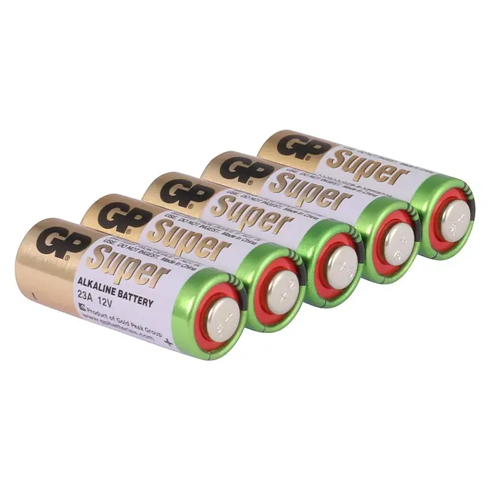GP Super Batterie 23A 12V Batterien, Alkaline - 12 V, 5 Stk., 23A - Eine Nahaufnahme von fünf GP Super Alkaline 23A 12V Batterien, die in einer Reihe aufgereiht sind.