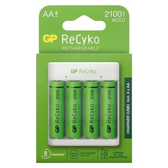 GP ReCyko Akkuladegerät AA/AAA4-Slot NiMH Batterieladegerät inklusive 4 Akkus AA/Mignon 2100mAh Front View