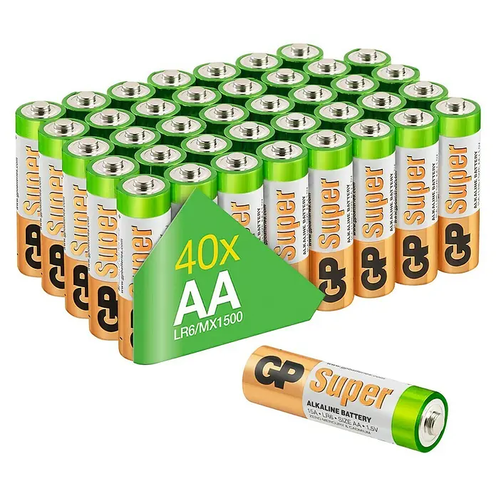 GP Super Batterie AA Mignon/LR6, Alkaline - 1,5 V, 40 Stk. - Eine Packung GP Super Alkaline AA Batterien, bestehend aus 40 Stück, ideal für Geräte des täglichen Gebrauchs.