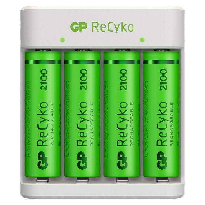 GP ReCyko Akkuladegerät AA/AAA4-Slot NiMH Batterieladegerät inklusive 4 Akkus AA/Mignon 2100mAh Front View