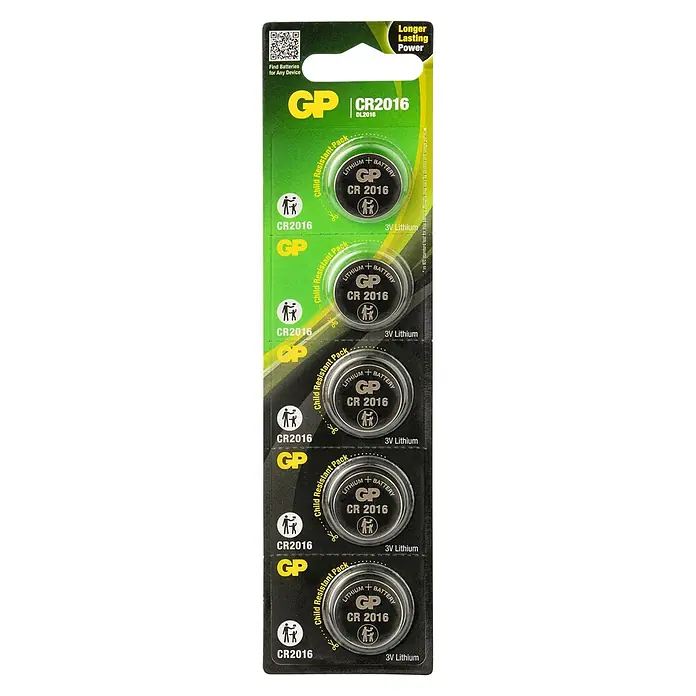 GP Lithium Batterie Knopfzellen CR2016 3V - 5 Stk. - Packung GP CR2016 Lithium-Knopfzellen. Längere Lebensdauer und kindersichere Verpackung. Ideal für kleine elektronische Geräte.