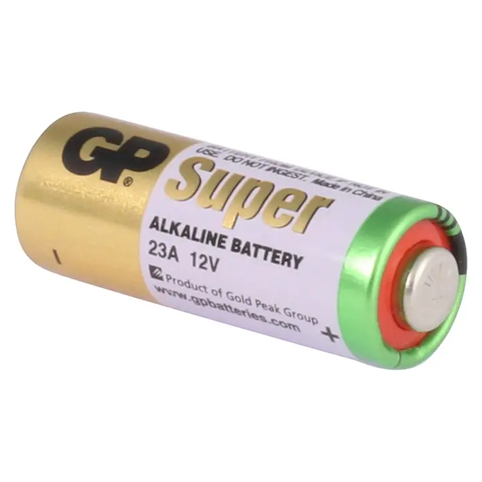 GP Super Batterie 23A 12V Batterien, Alkaline - 23A, Alkali-Mangan, 12 V, 5 Stk. - Nahaufnahme einer GP Super 23A 12V Alkaline Batterie mit Gold- und Grüntönen.
