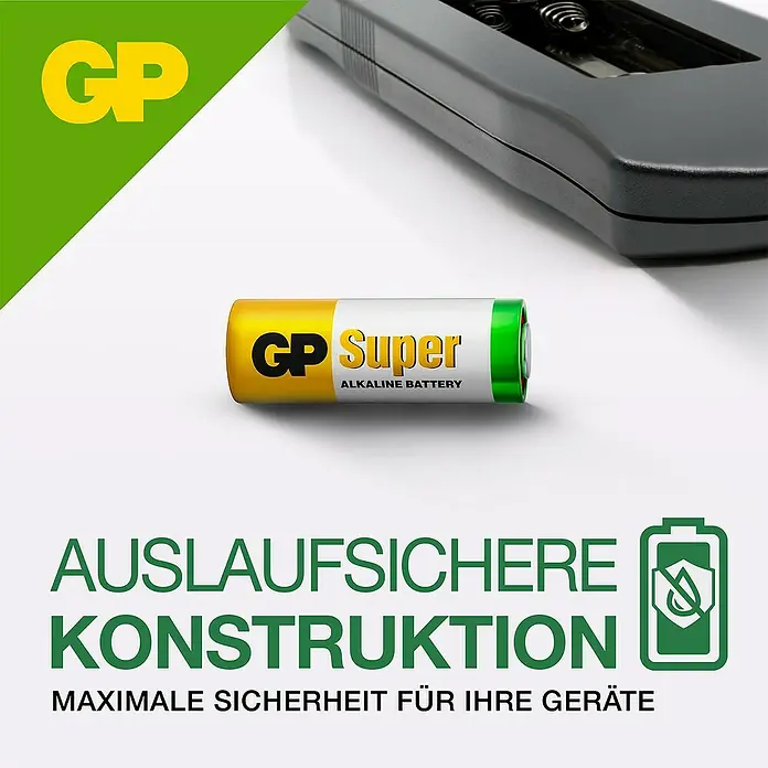 GP Super Batterie 23A 12V Batterien, Alkaline - 23A, Alkali-Mangan, 12 V, 5 Stk. - Nahaufnahme einer GP Super Alkaline Batterie, bekannt für ihre auslaufsichere Konstruktion und maximale Sicherheit für Geräte.