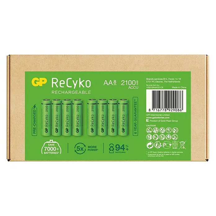 GP ReCyko Akku AA Mignon/HR6, 2100 mAh, NiMH, Ready-to-use 8Stk - 2.100 mAh - Grüne GP ReCyko AA-Akkus, 8 Stück, wiederaufladbar. Bis zu 7000 Batterien sparen und 94% recycelbar.