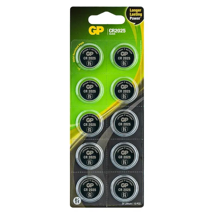 GP Lithium Batterie Knopfzellen CR2025 3V - 10 Stk. - Abbildung einer GP CR2025 3V Lithium Batteriepackung mit 10 Stück, bekannt für ihre langanhaltende Leistung und kindersichere Verpackung.