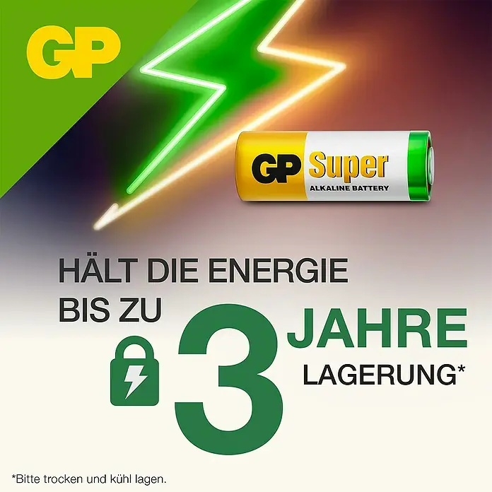 GP Super Batterie 23A 12V Batterien, Alkaline - 23A, Alkali-Mangan, 12 V, 5 Stk. - Werbung für GP Super Alkaline Batterien, die Energie bis zu 3 Jahre Lagerung halten.