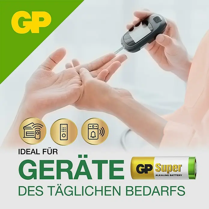 GP Super Batterie 23A 12V Batterien, Alkaline - 23A, Alkali-Mangan, 12 V, 5 Stk. - Bild einer GP Super Alkaline Batterie, ideal für Geräte des täglichen Bedarfs wie Fernbedienungen und medizinische Geräte.