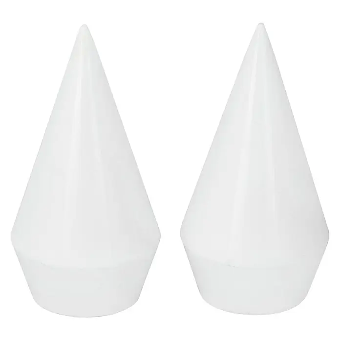 Expo Ambiente Endstück Point - Weiß, Geeignet für: Gardinenstangen Ø 20 mm, 2 Stk. - Zwei weiße Ringständer auf einem schwarzen Hintergrund. Diese Ringständer haben eine konische Form und sind aus glänzendem Material gefertigt.