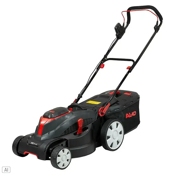 AL-KO Bosch Home & Garden Compatible Akku-Rasenmäher 38.1 Li - 18 V, 2 Akkus, 4 Ah, Schnittbreite: 38 cm - Das Bild zeigt einen AL-KO 38.1 Li Akku-Rasenmäher in Schwarz und Rot vor einem schwarzen Hintergrund.