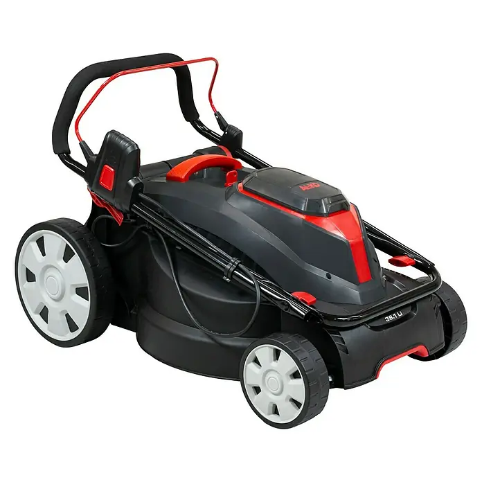 AL-KO Bosch Home & Garden Compatible Akku-Rasenmäher 38.1 Li18 V, 2 Akkus, 4 Ah, Schnittbreite: 38 cm - Abbildung eines AL-KO Akku-Rasenmähers in Schwarz und Rot, der für effiziente Rasenpflege entwickelt wurde.