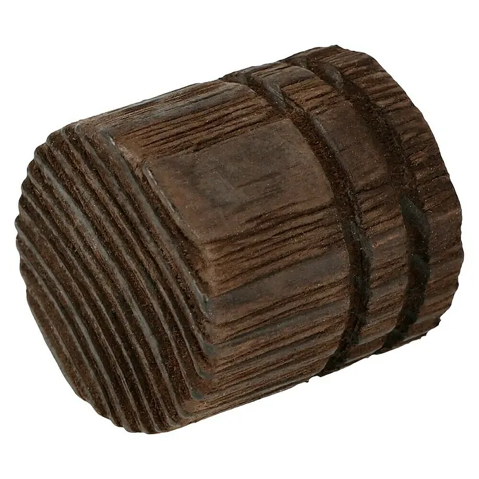 Expo Ambiente Endstück Rill-Cap - 2 Stk., Wenge, Geeignet für: Gardinenstangen Ø 28 mm - Nahaufnahme eines rustikalen, zylinderförmigen Holzknaufs mit markanten Rillen und einer dunklen, natürlichen Holzmaserung.