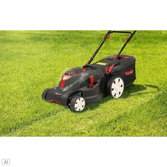 AL-KO Bosch Home & Garden Compatible Akku-Rasenmäher 38.1 Li - 18 V, 2 Akkus, 4 Ah, Schnittbreite: 38 cm - Ein AL-KO Rasenmäher steht auf einem grünen Rasen. Er ist schwarz mit roten Akzenten und hat einen Grasfangkorb.