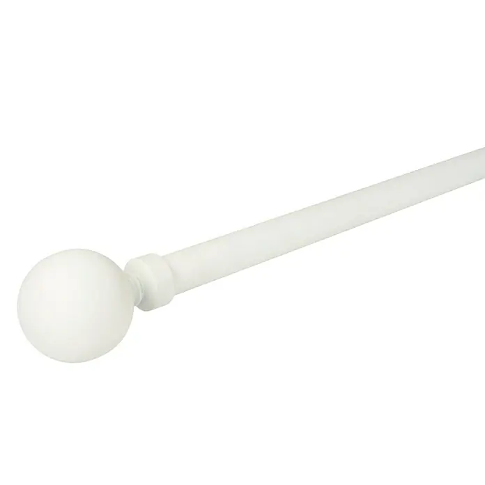 Expo Ambiente Endstück Home - Elfenbein, Geeignet für: Gardinenstangen Ø 20 mm - Detailaufnahme einer weißen Gardinenstange mit kugelförmigem Abschluss vor schwarzem Hintergrund. Elegantes Design für Fensterdekorationen.